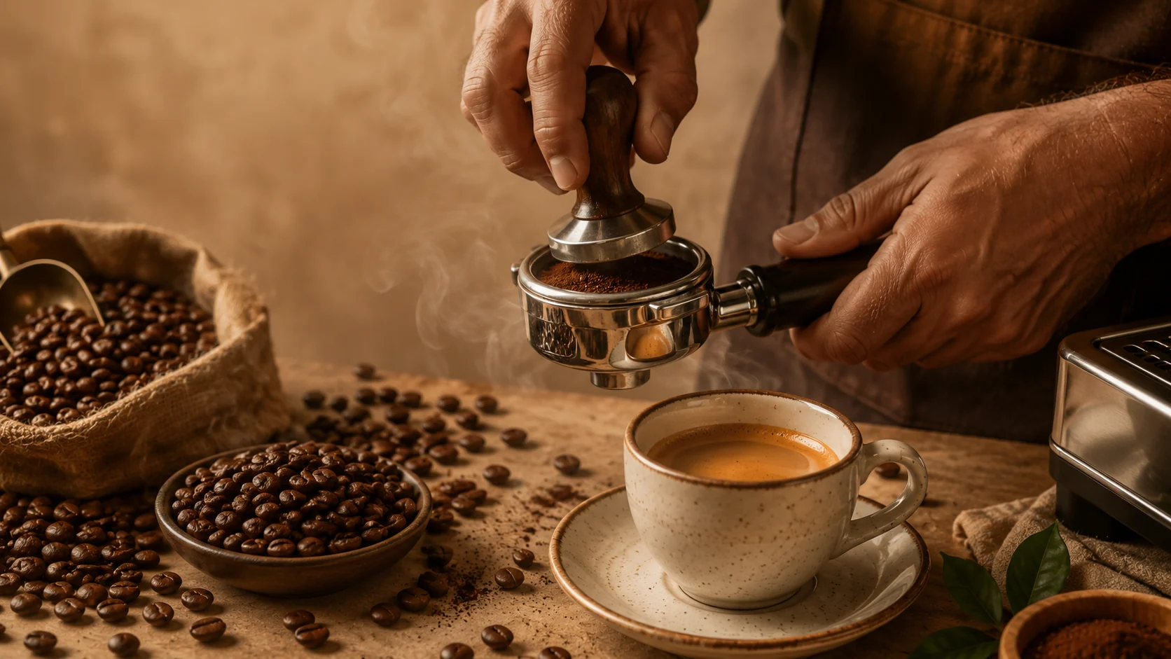 Artisanal espresso preparation with portafilter, coffee beans and ground coffee