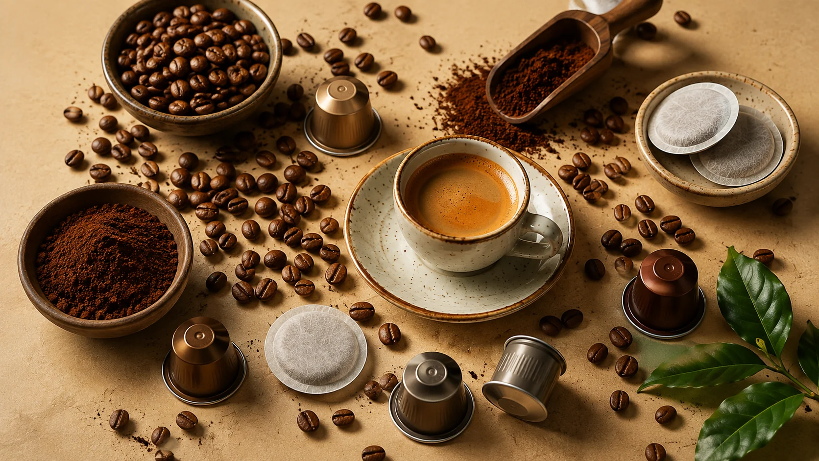 Capsules, ESE pods, coffee beans and ground coffee beside a cup of espresso